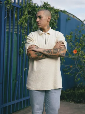 Beholder Waffle Three Quarter Zip Polo - Unbleached