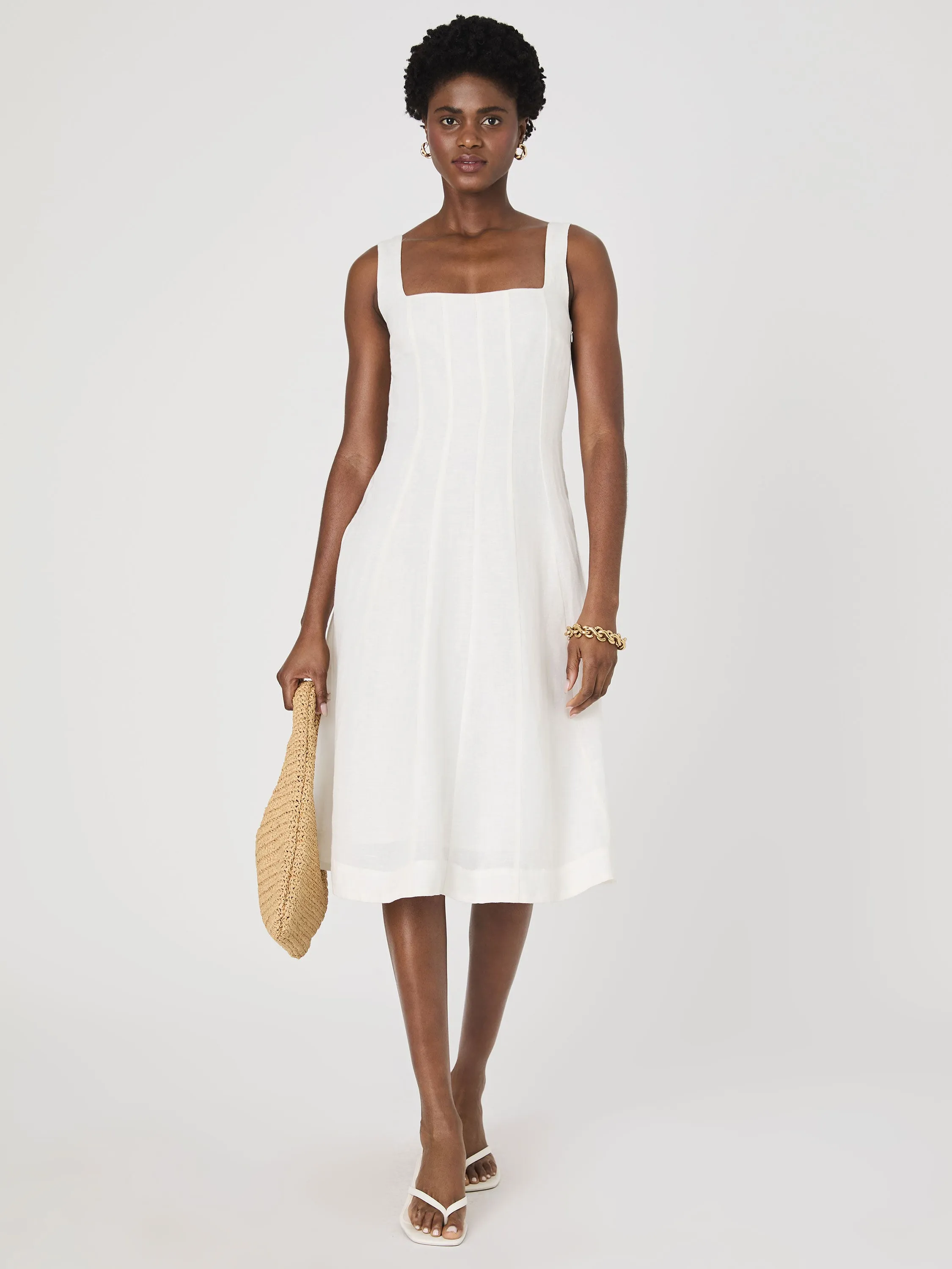 Birdie Linen Square Neck Midi Dress