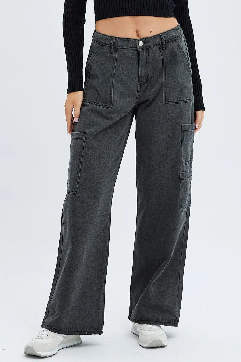 Black Cargo Jean Mid Rise