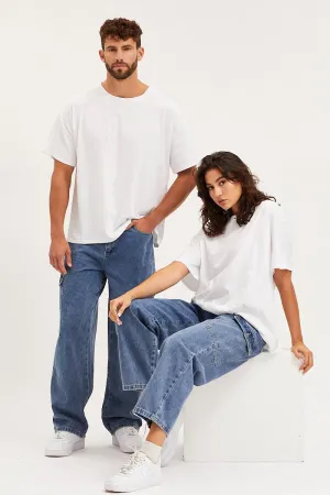Blue Unisex Cargo Denim Jeans Mid Rise