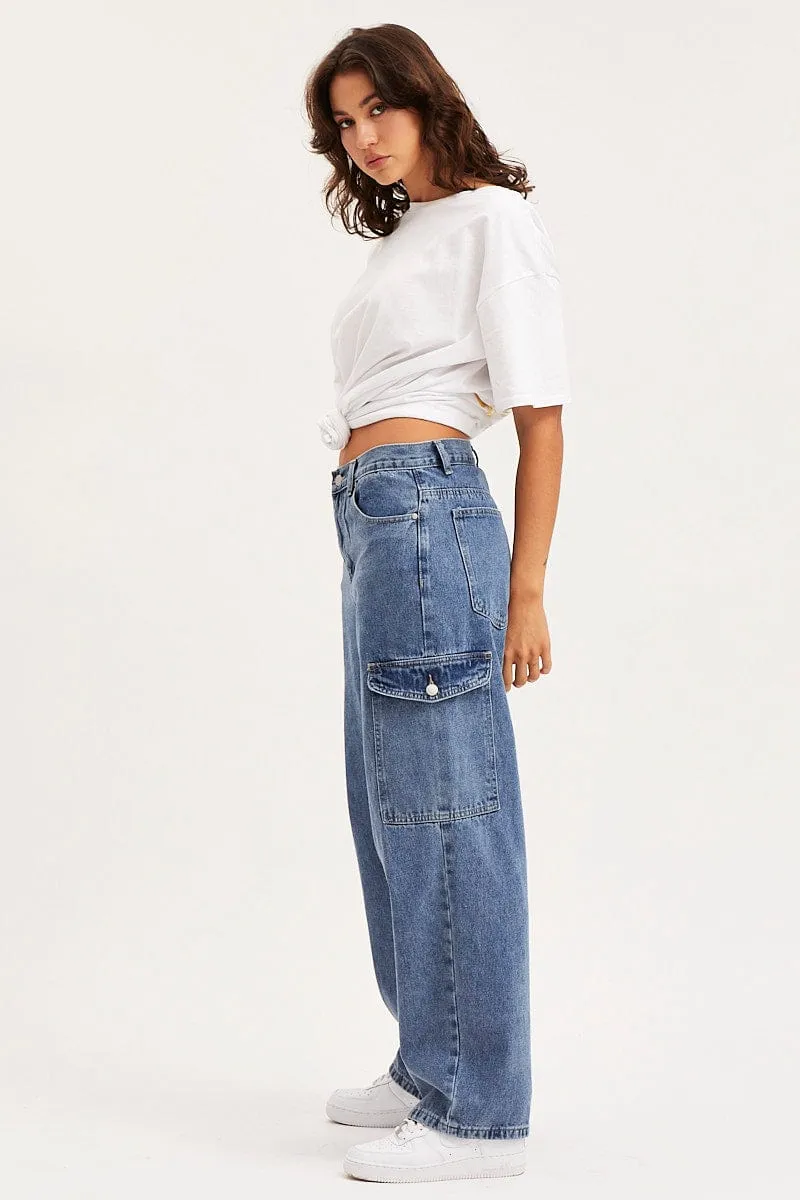 Blue Unisex Cargo Denim Jeans Mid Rise