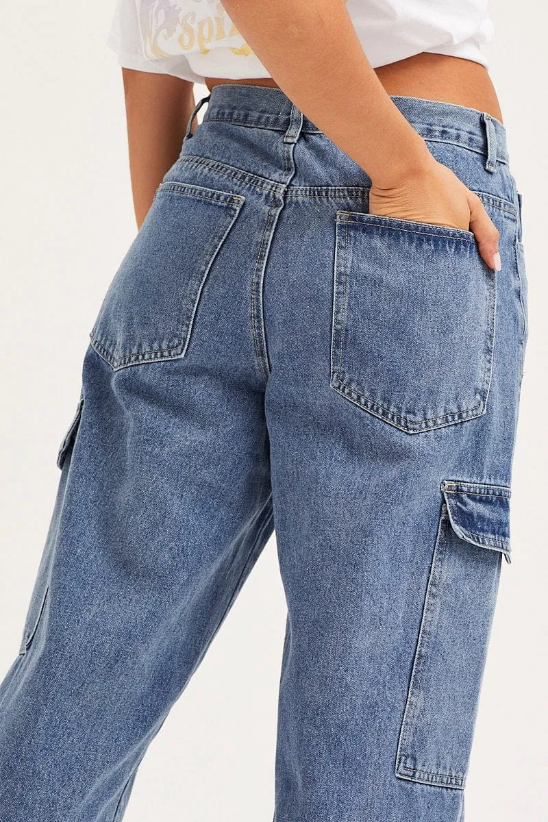 Blue Unisex Cargo Denim Jeans Mid Rise
