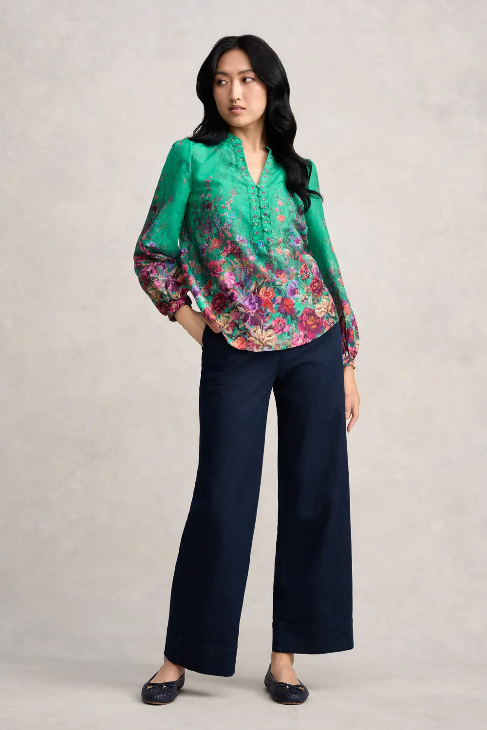 Cotton Silk Blouse - Jade Botanical Print