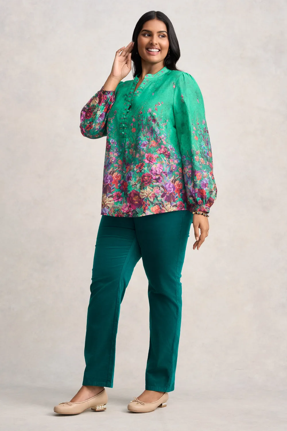 Cotton Silk Blouse - Jade Botanical Print