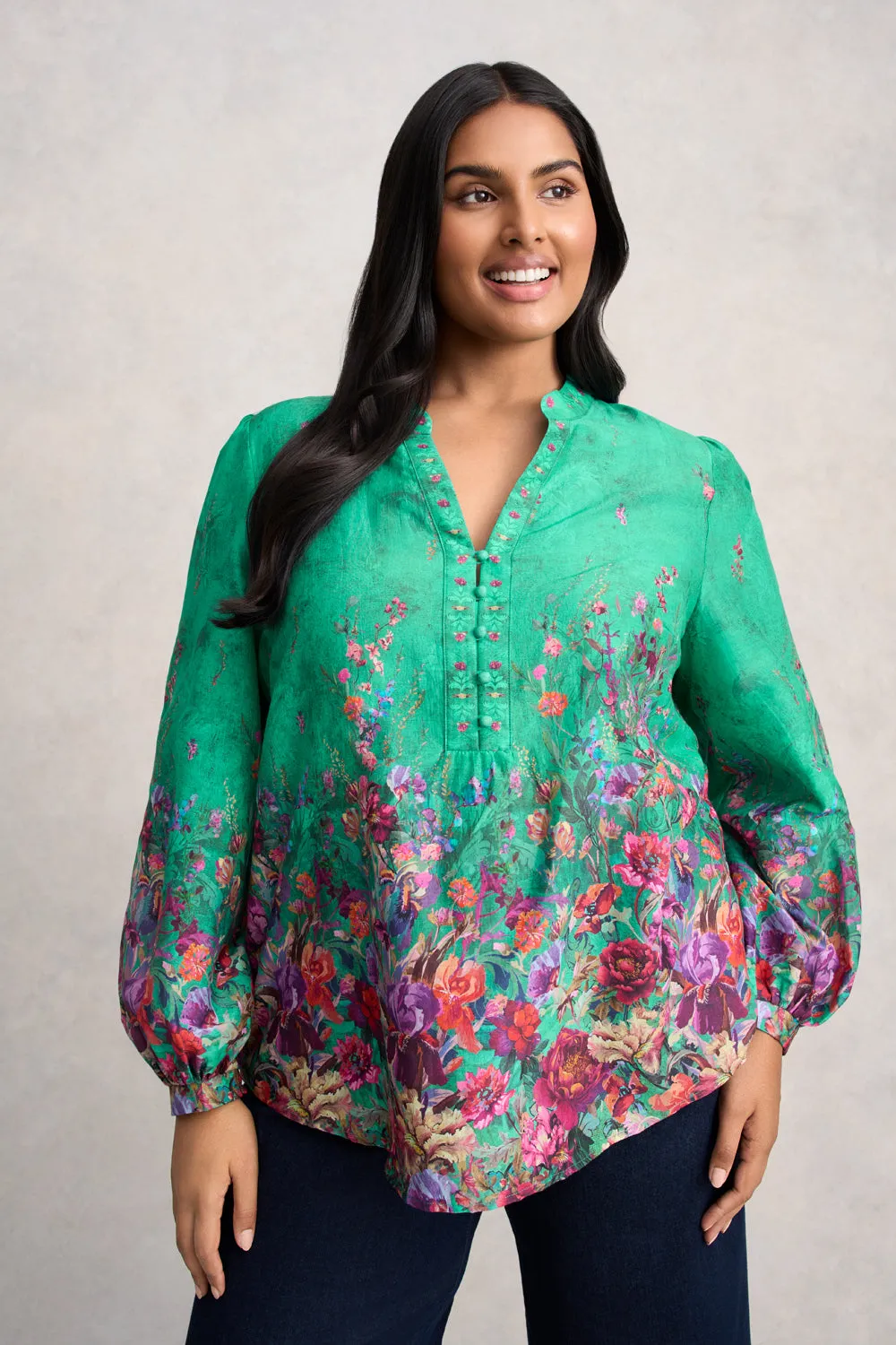 Cotton Silk Blouse - Jade Botanical Print