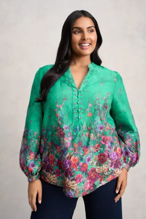 Cotton Silk Blouse - Jade Botanical Print