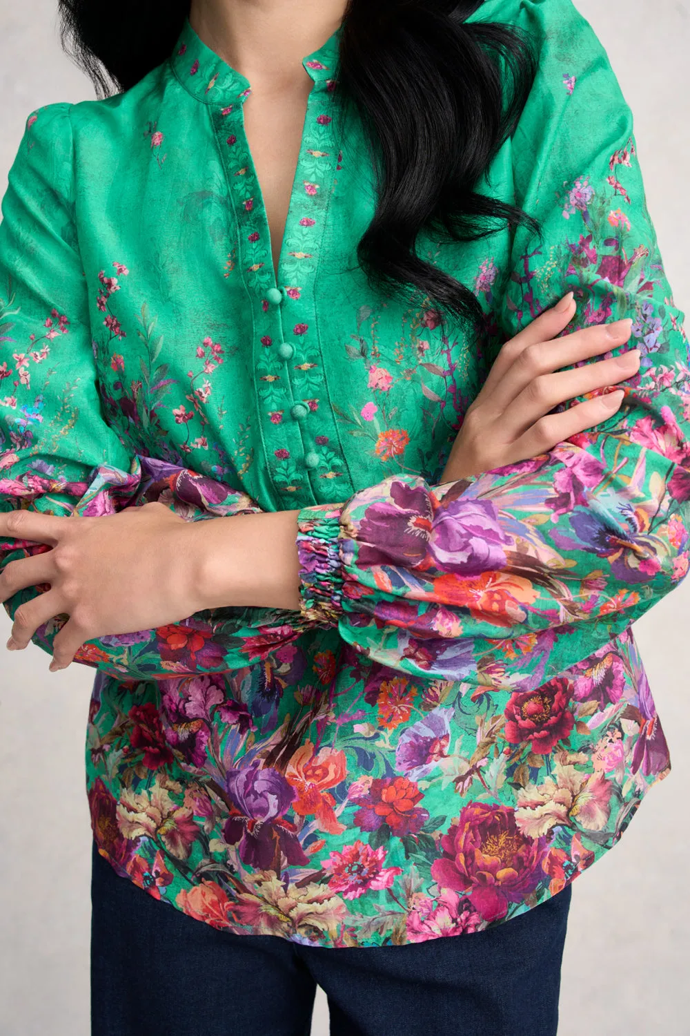Cotton Silk Blouse - Jade Botanical Print