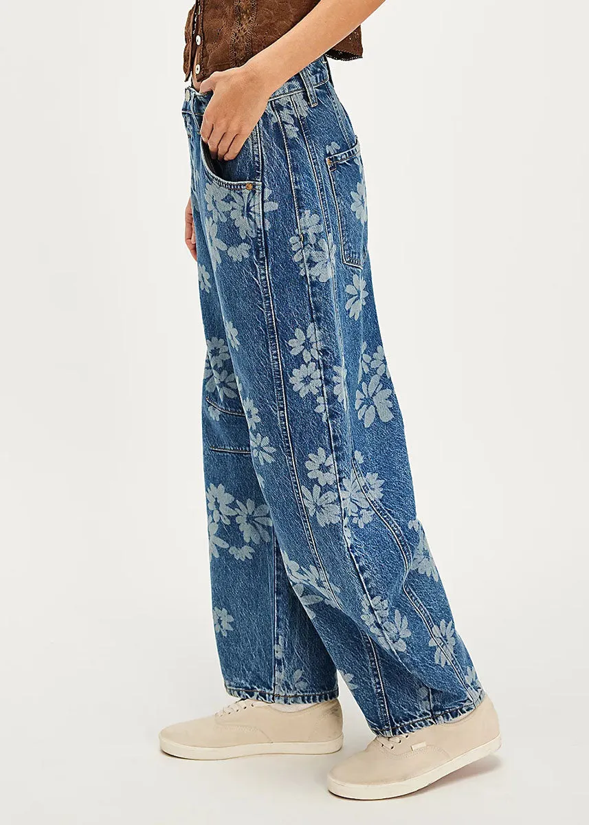 Good Luck Mid Rise Printed Barrel Jeans - Laser Daisy