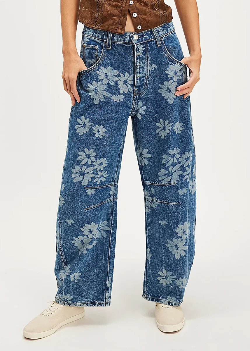 Good Luck Mid Rise Printed Barrel Jeans - Laser Daisy