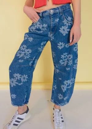 Good Luck Mid Rise Printed Barrel Jeans - Laser Daisy