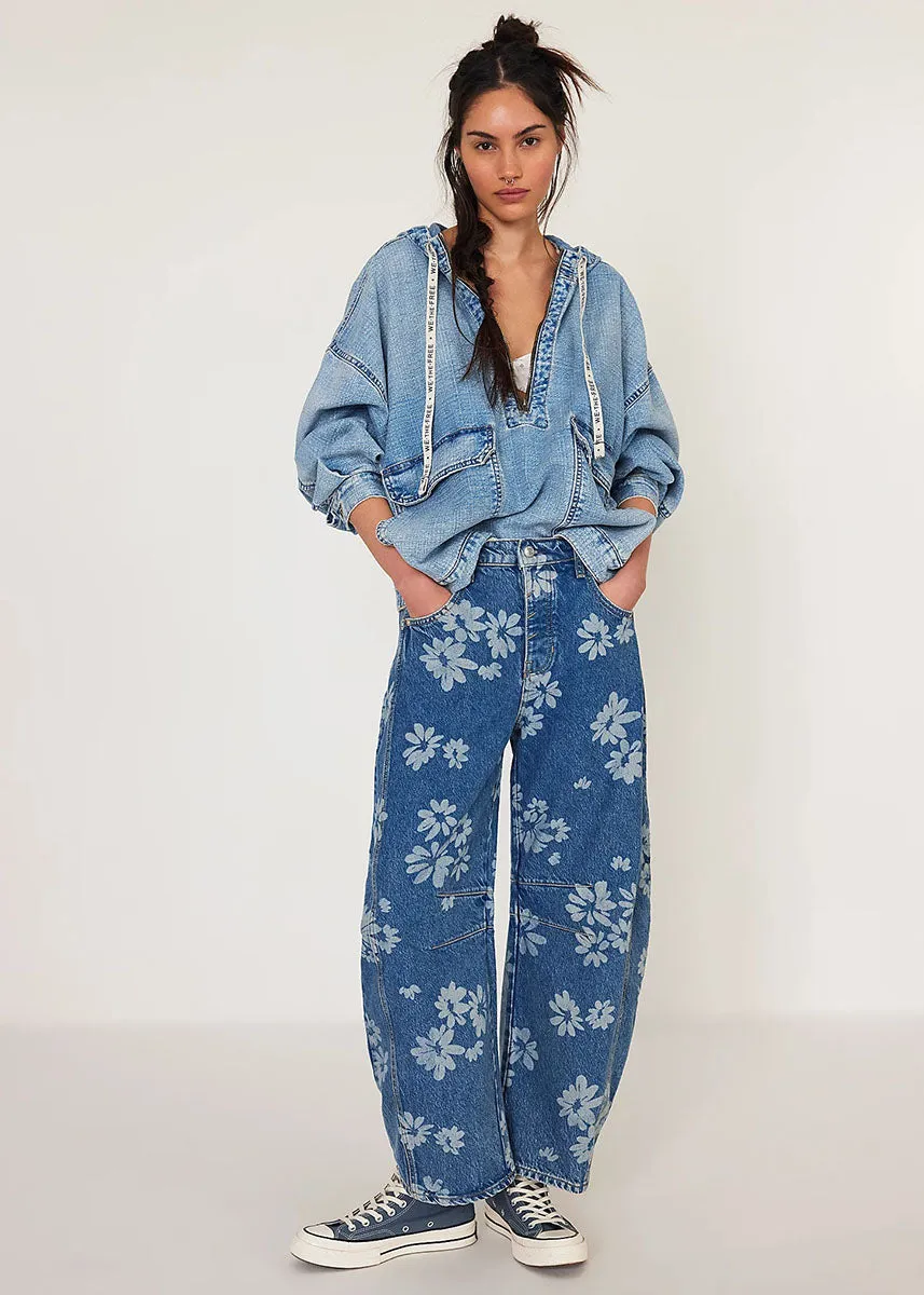 Good Luck Mid Rise Printed Barrel Jeans - Laser Daisy