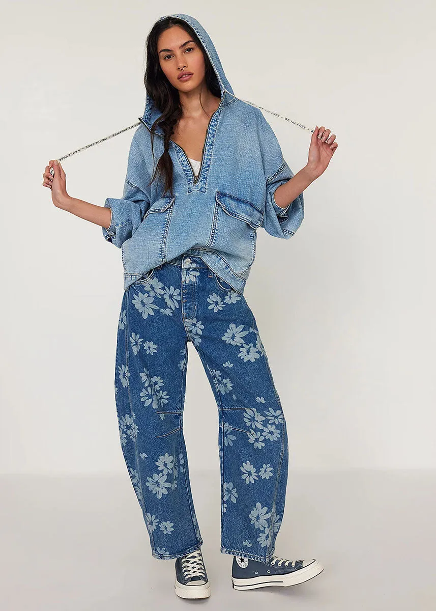 Good Luck Mid Rise Printed Barrel Jeans - Laser Daisy