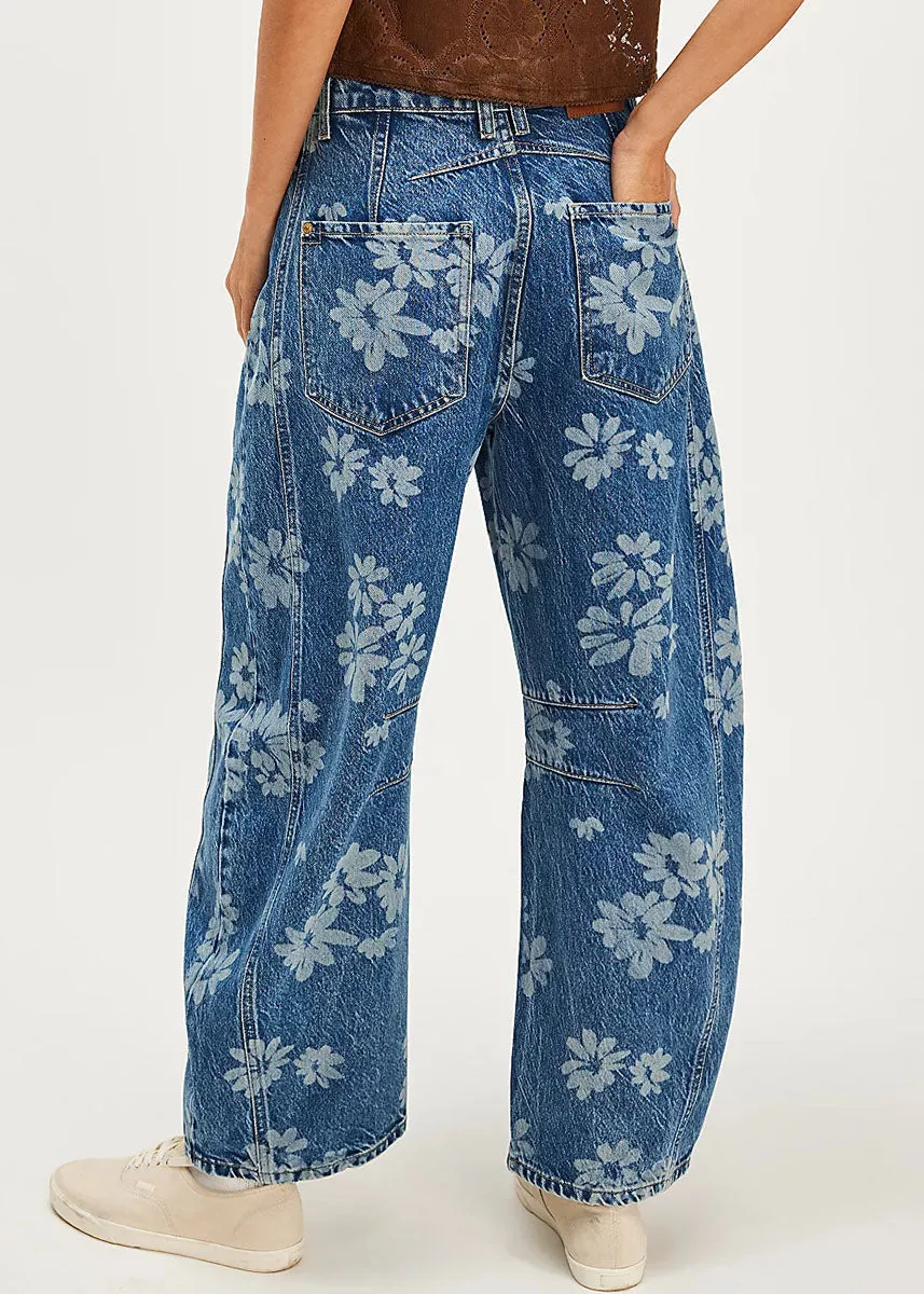 Good Luck Mid Rise Printed Barrel Jeans - Laser Daisy