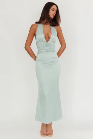 Italia Azure Pleat Bodice Halterneck Maxi Dress Sage