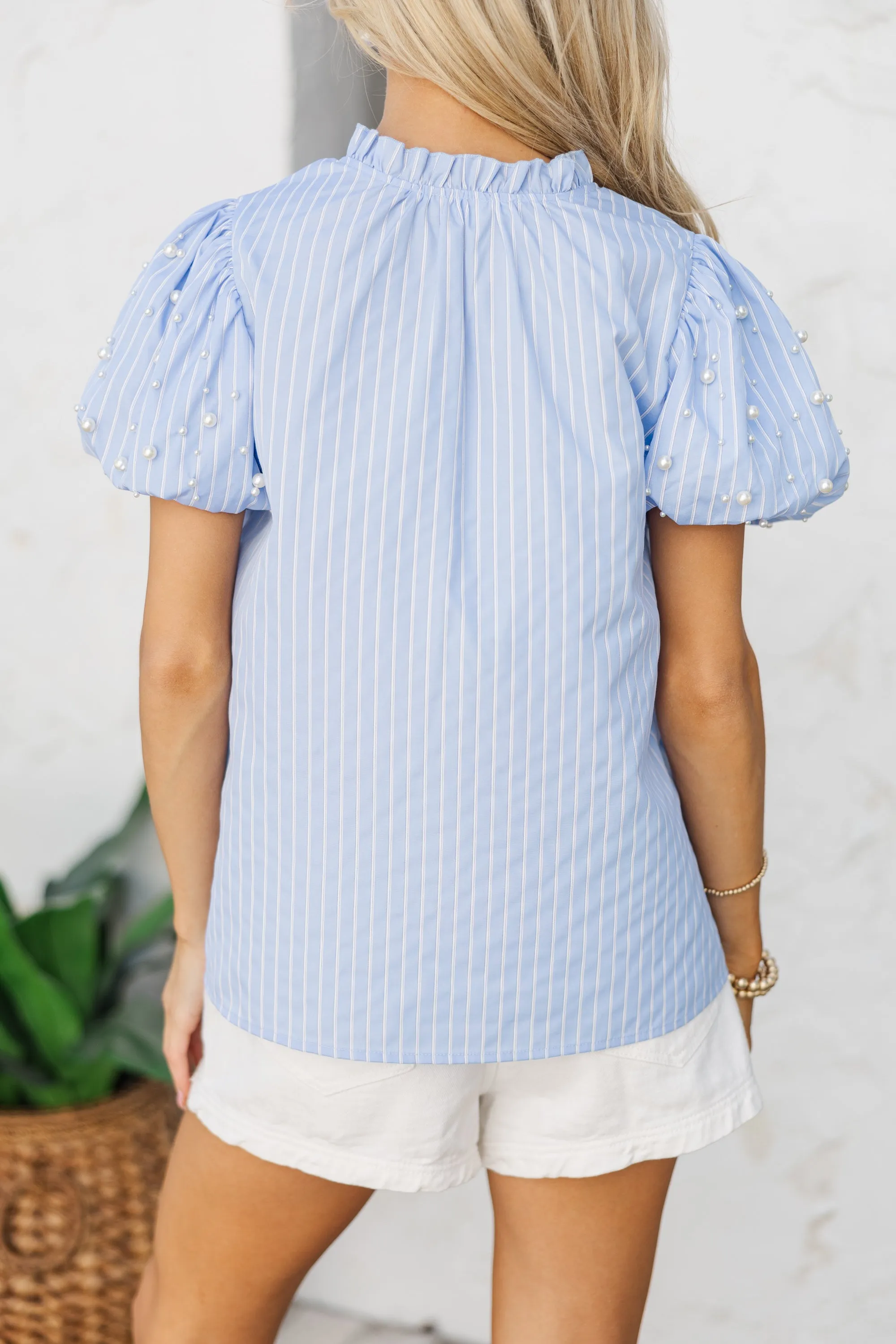 Look For It Blue Embellished Striped Blouse