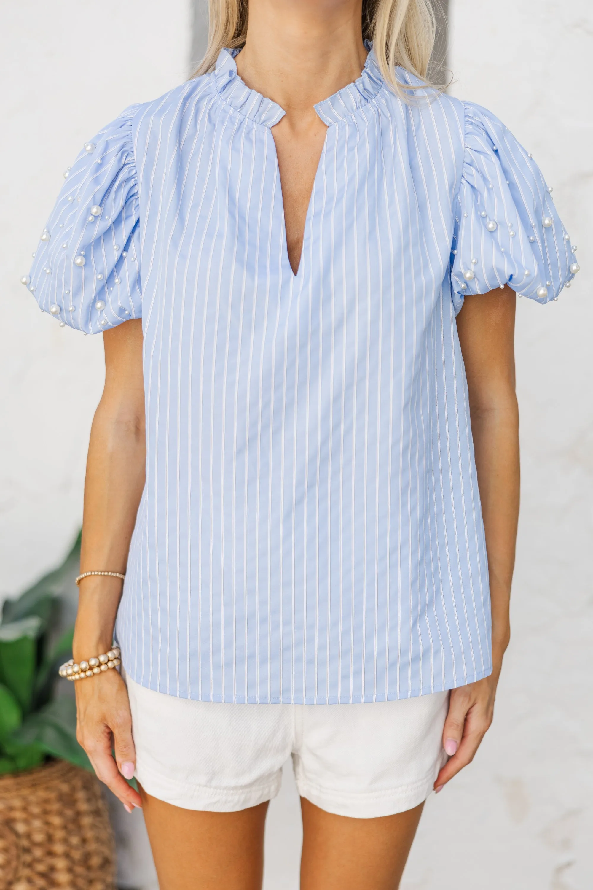 Look For It Blue Embellished Striped Blouse