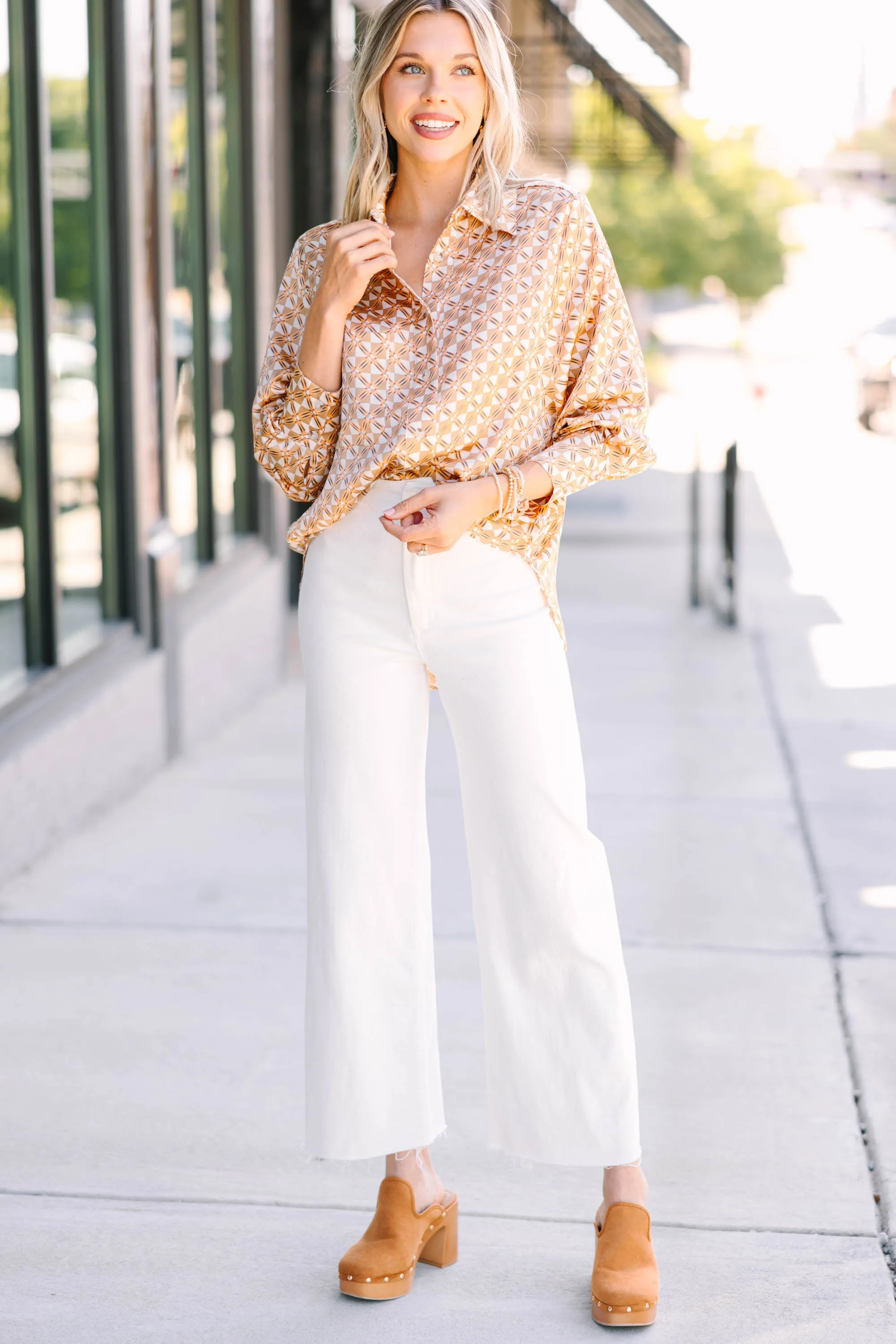 Looking Back Yellow Gold Geometric Print Blouse