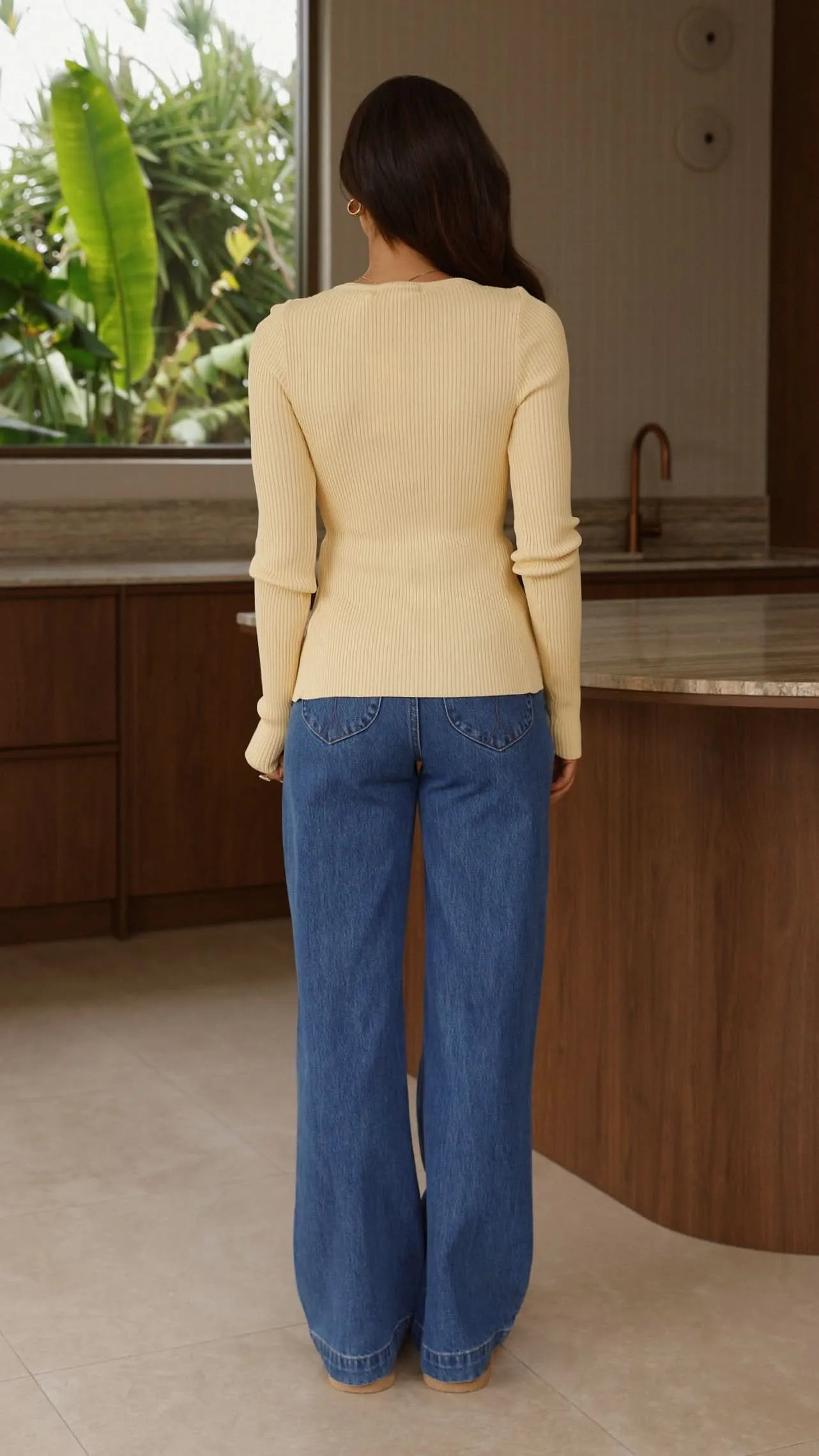 Lyra Long Sleeve Ribbed Top - Yellow
