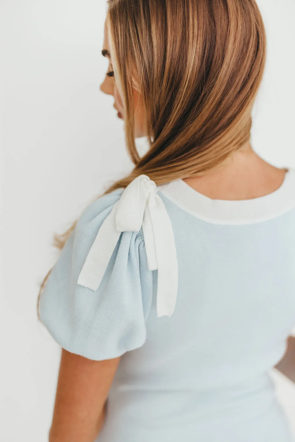 Mary Kate Bow Shoulder Sweater Maxi Dress in Sky/White