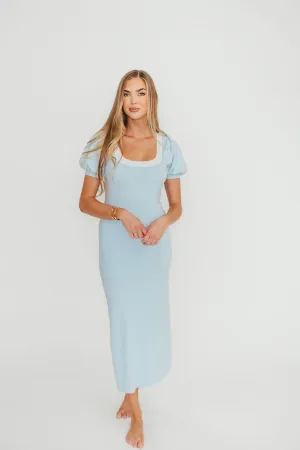 Mary Kate Bow Shoulder Sweater Maxi Dress in Sky/White