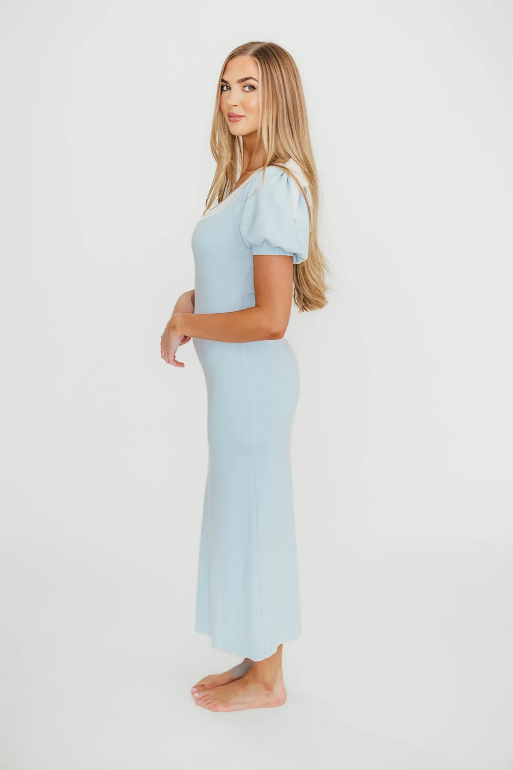 Mary Kate Bow Shoulder Sweater Maxi Dress in Sky/White