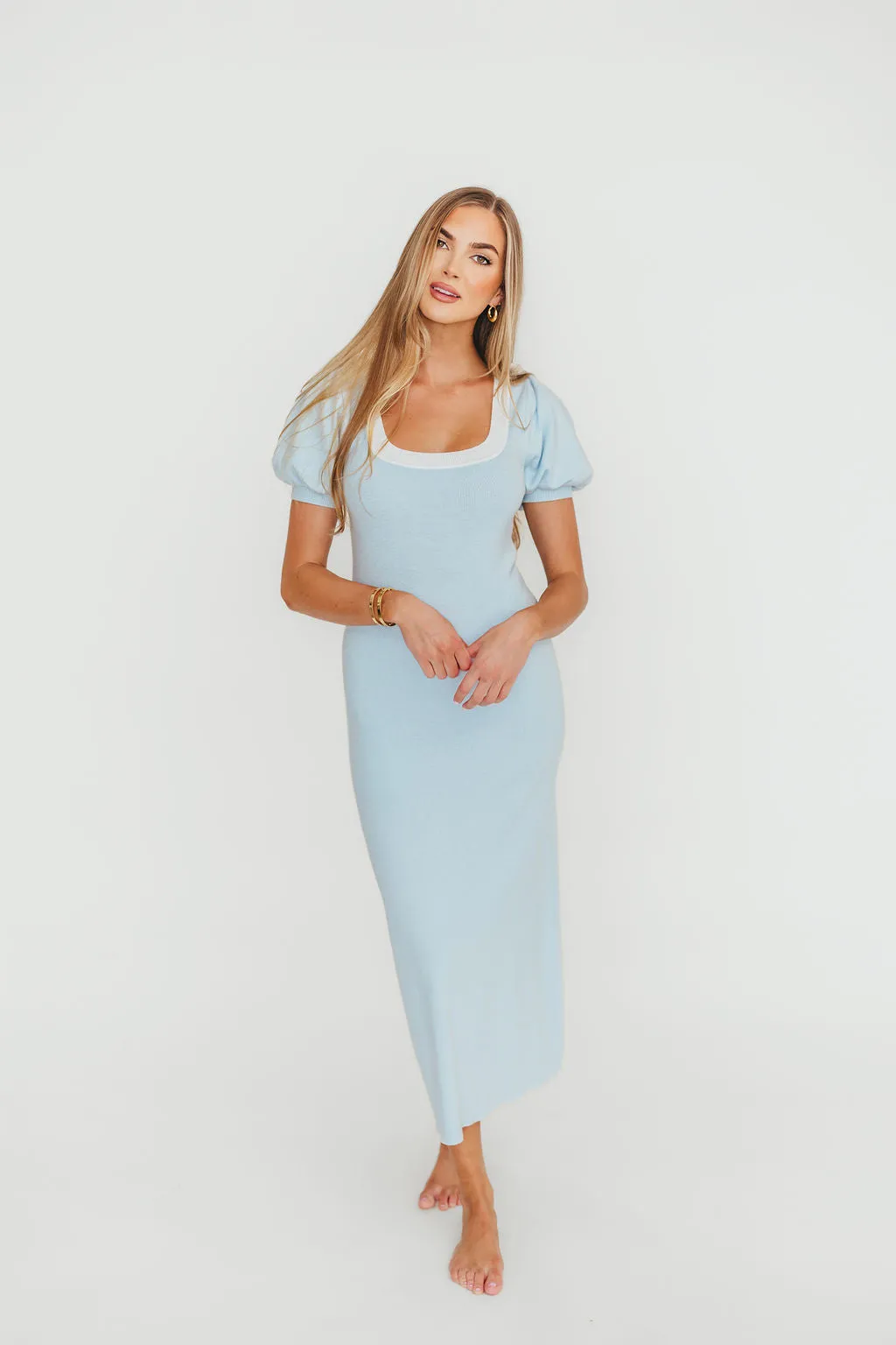 Mary Kate Bow Shoulder Sweater Maxi Dress in Sky/White