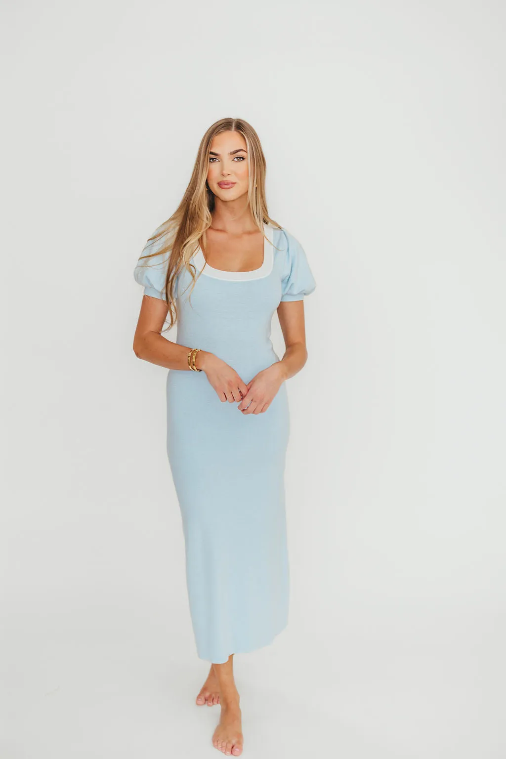 Mary Kate Bow Shoulder Sweater Maxi Dress in Sky/White