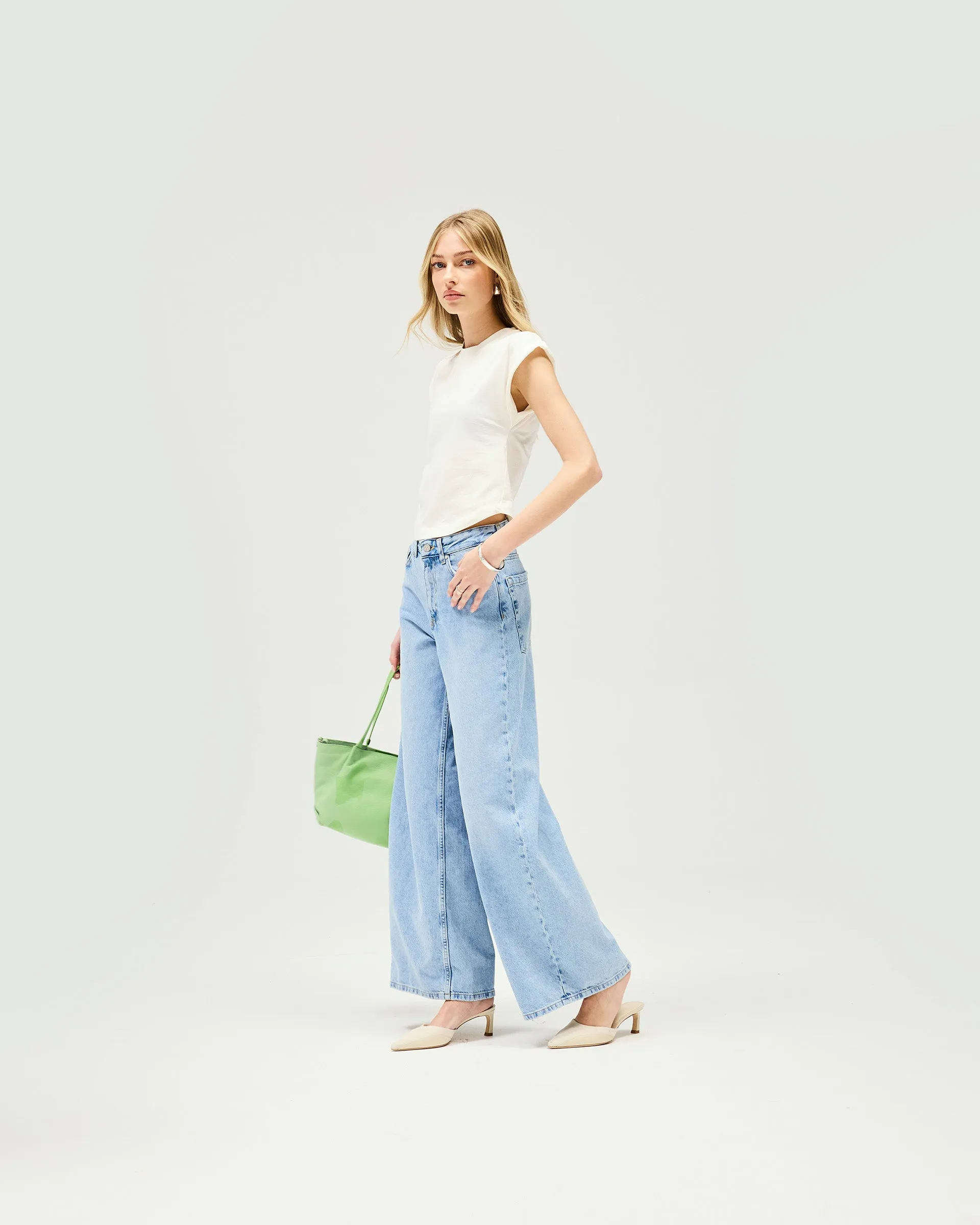 Mid Rise Wide Leg Jean - Washed Blue