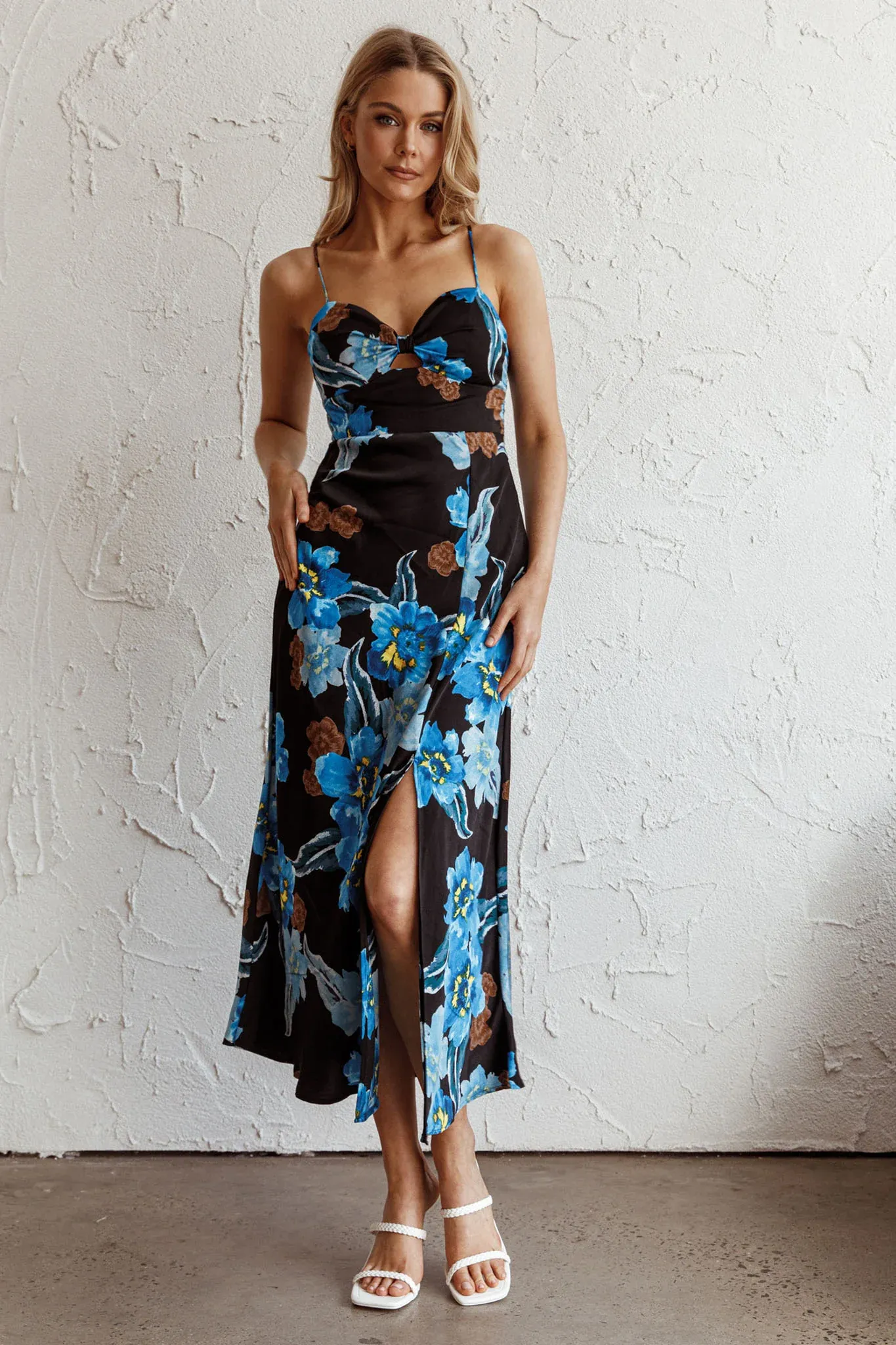 Missoula Cami Strap Padded Bust Midi Dress Flower Blue