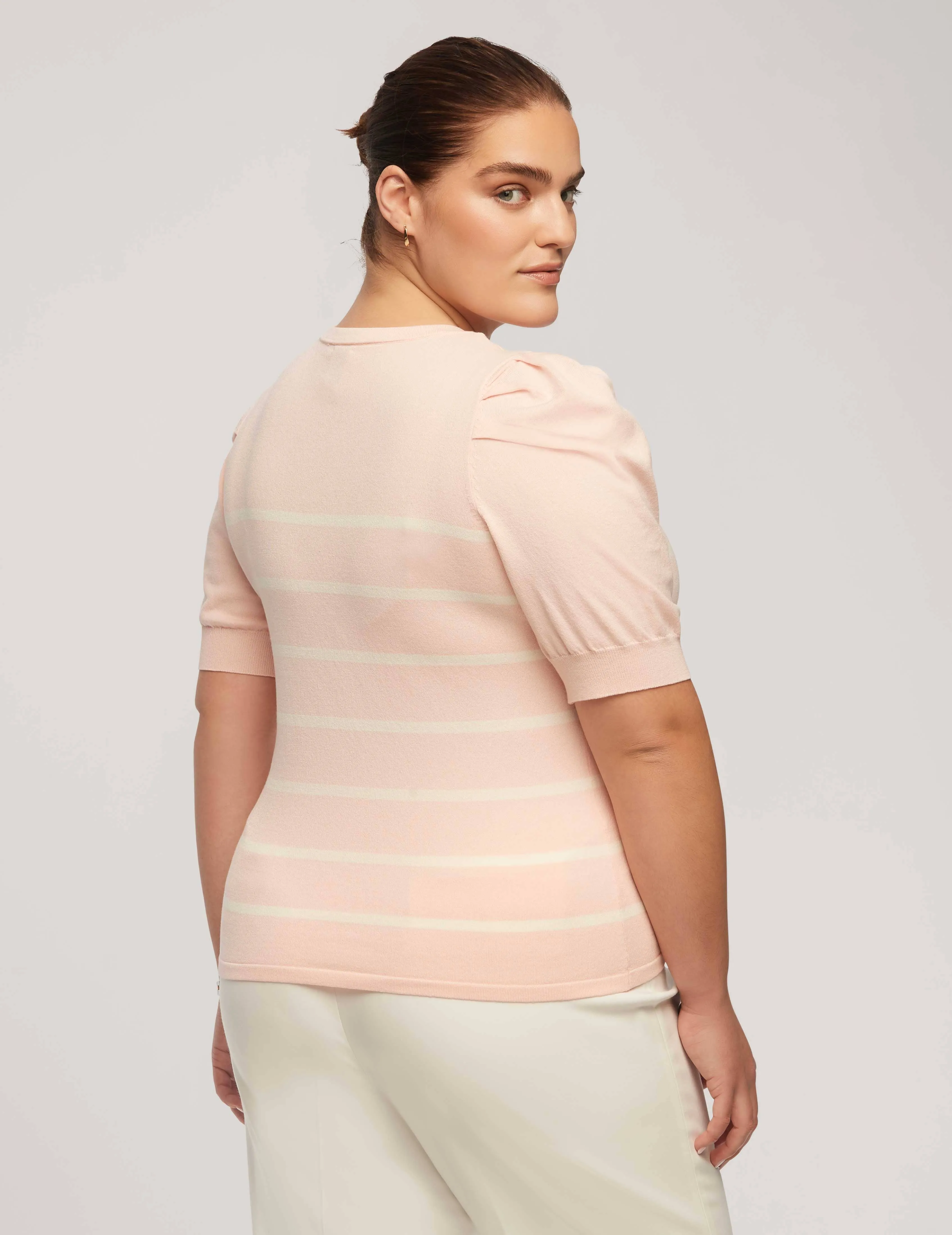 Plus Size Short Puff Sleeve Crew Neck With Stripes - Sale