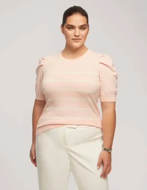 Plus Size Short Puff Sleeve Crew Neck With Stripes - Sale