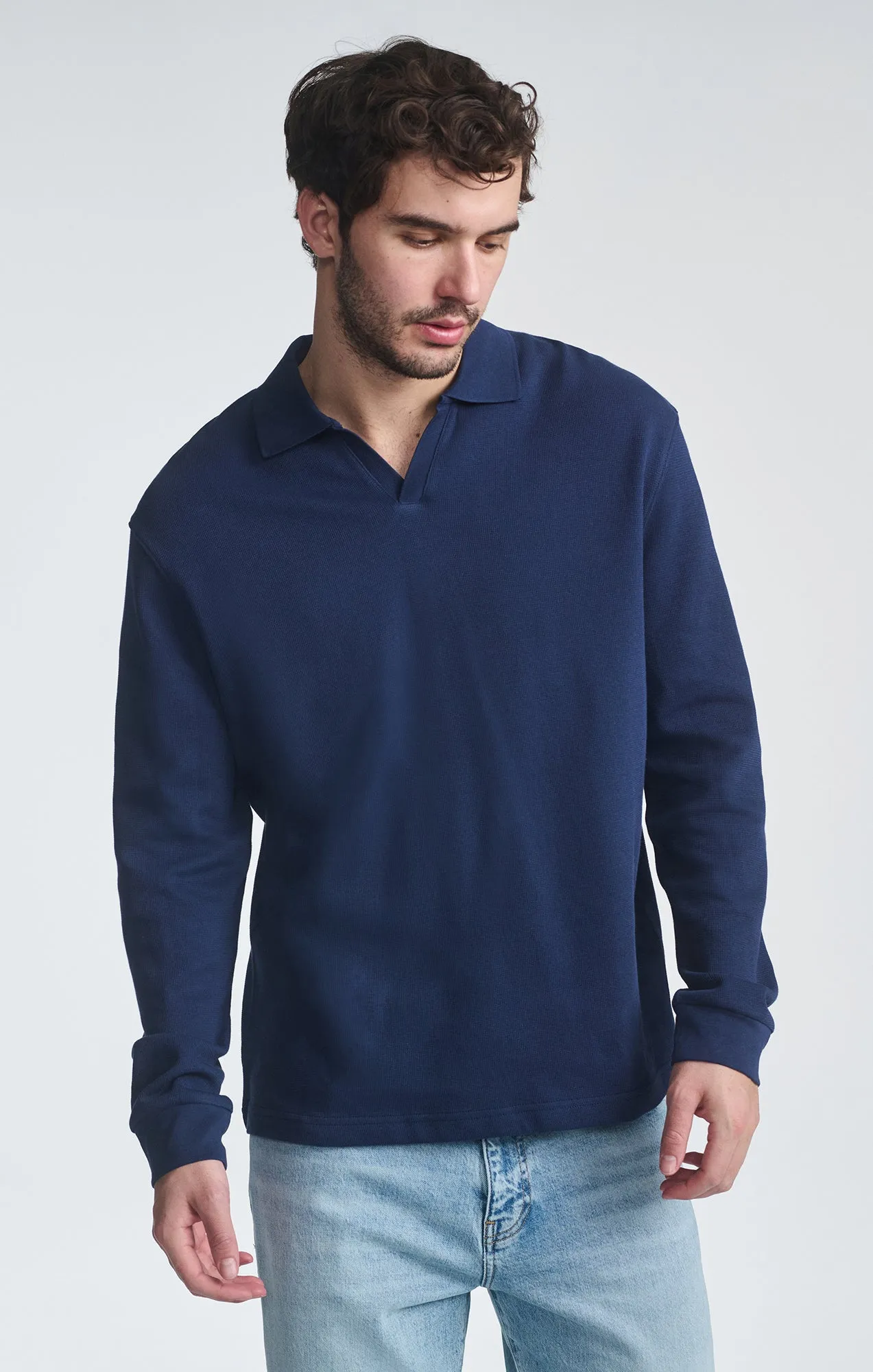 POLO COLLAR LONG SLEEVE SHIRT IN BLACK IRIS