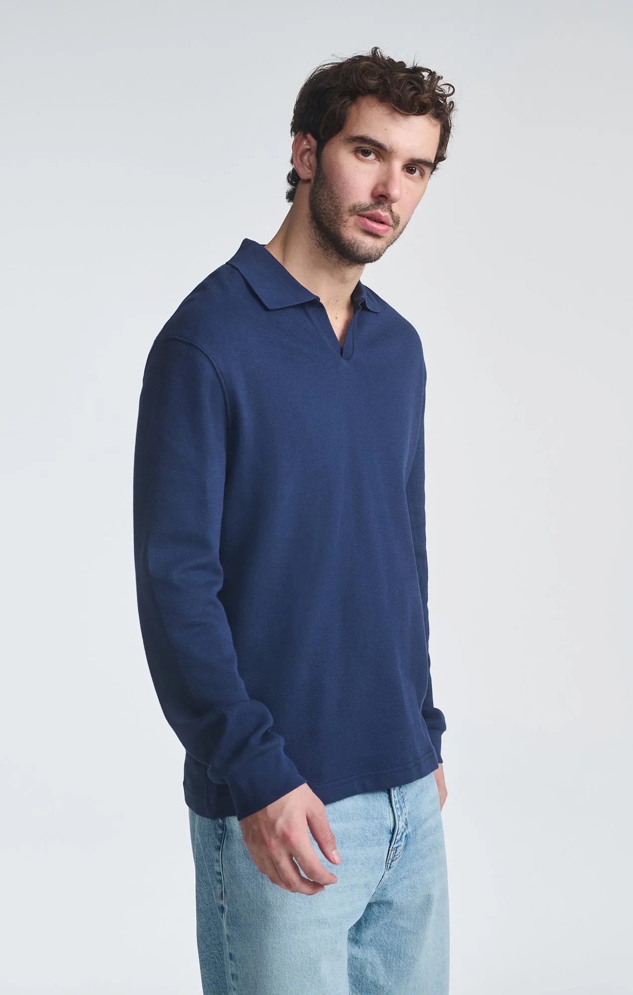 POLO COLLAR LONG SLEEVE SHIRT IN BLACK IRIS