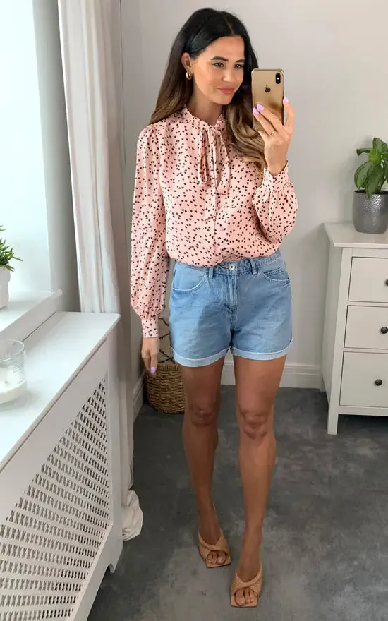 Pussybow Blouse Light Pink And Black Heart