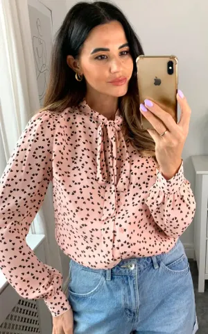 Pussybow Blouse Light Pink And Black Heart