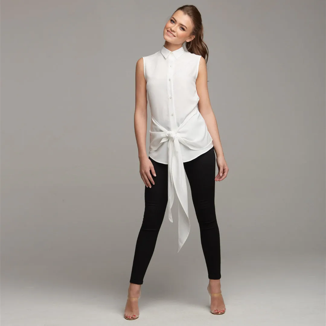 QUINN ECRU TIE FRONT SLEEVELESS SHIRT - CT029