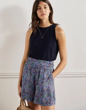 Ruched Waistband Shorts-Dusty Blue. Oriental Meadow