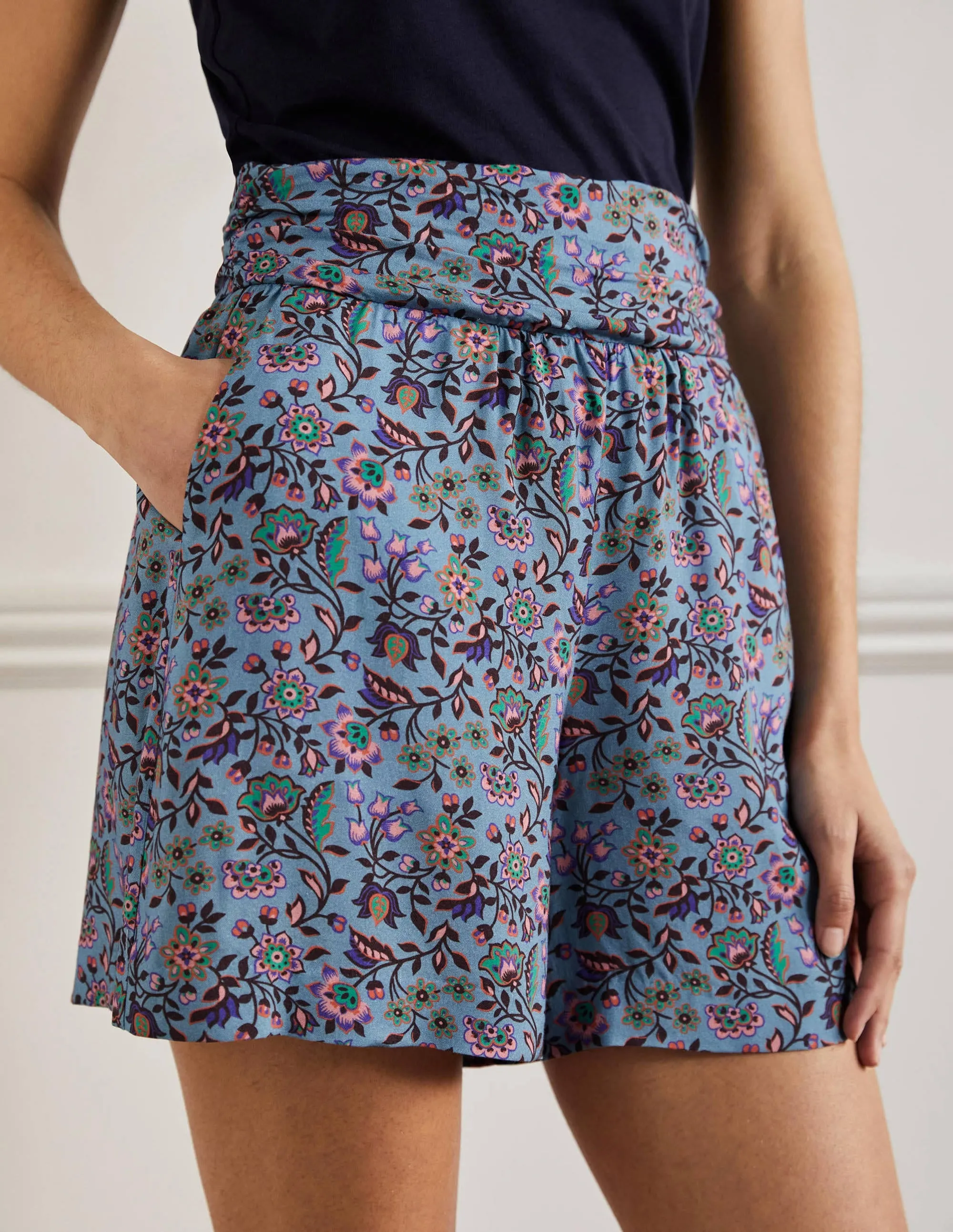 Ruched Waistband Shorts-Dusty Blue. Oriental Meadow