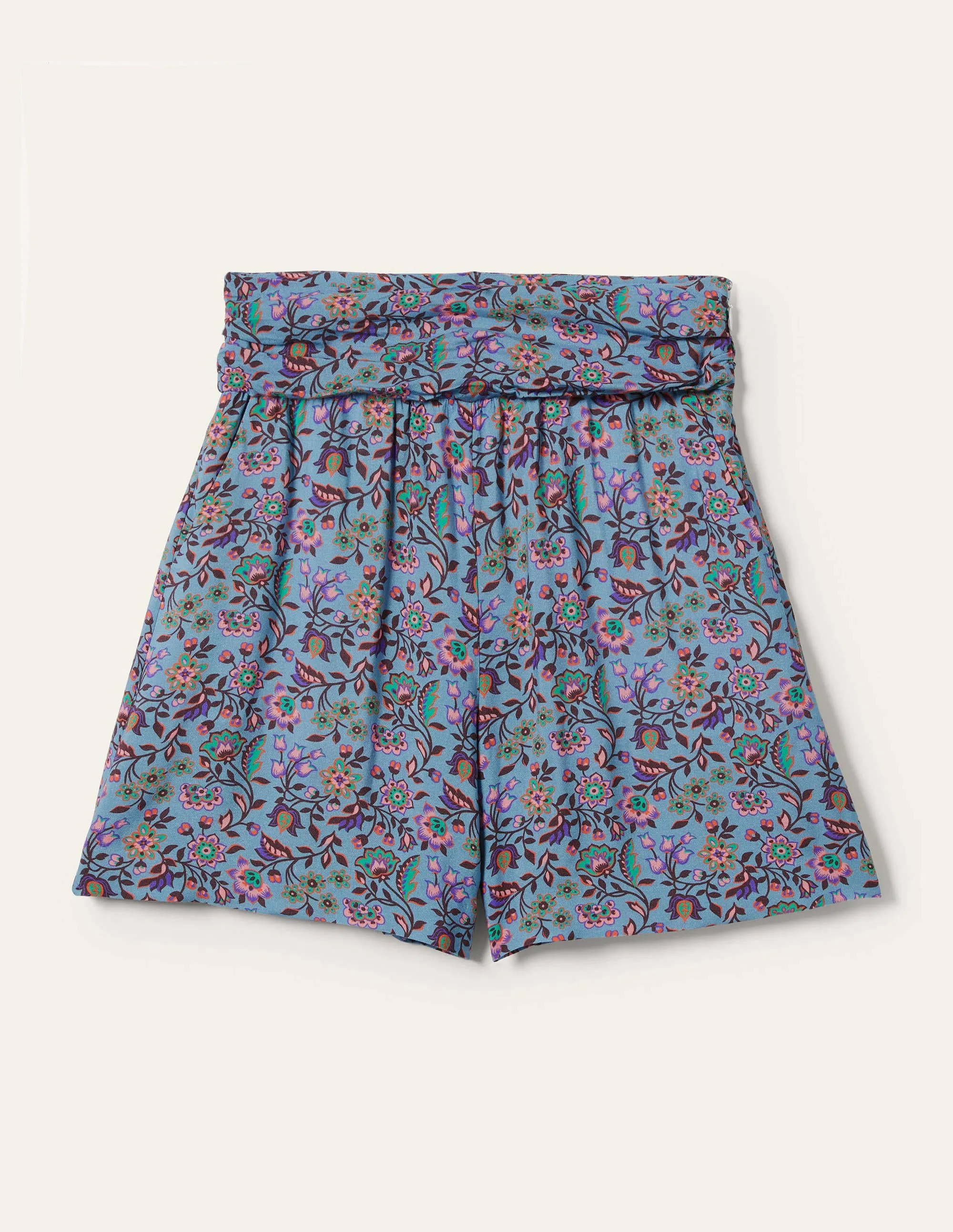 Ruched Waistband Shorts-Dusty Blue. Oriental Meadow