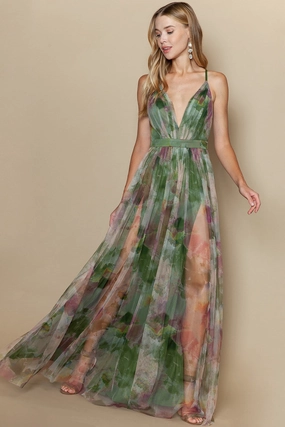 Sasha Tulle Maxi Dress in Multi Green