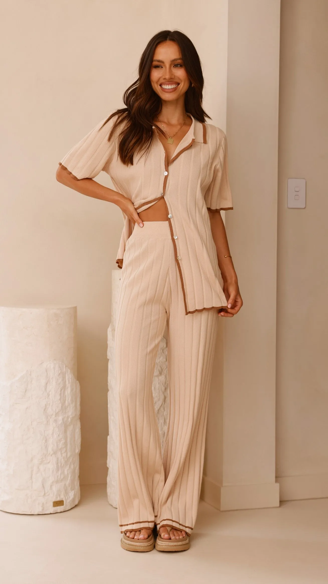 Shaylie Wide Leg Pants - Beige