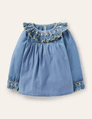 Smocked Collar Denim Top-Chambray