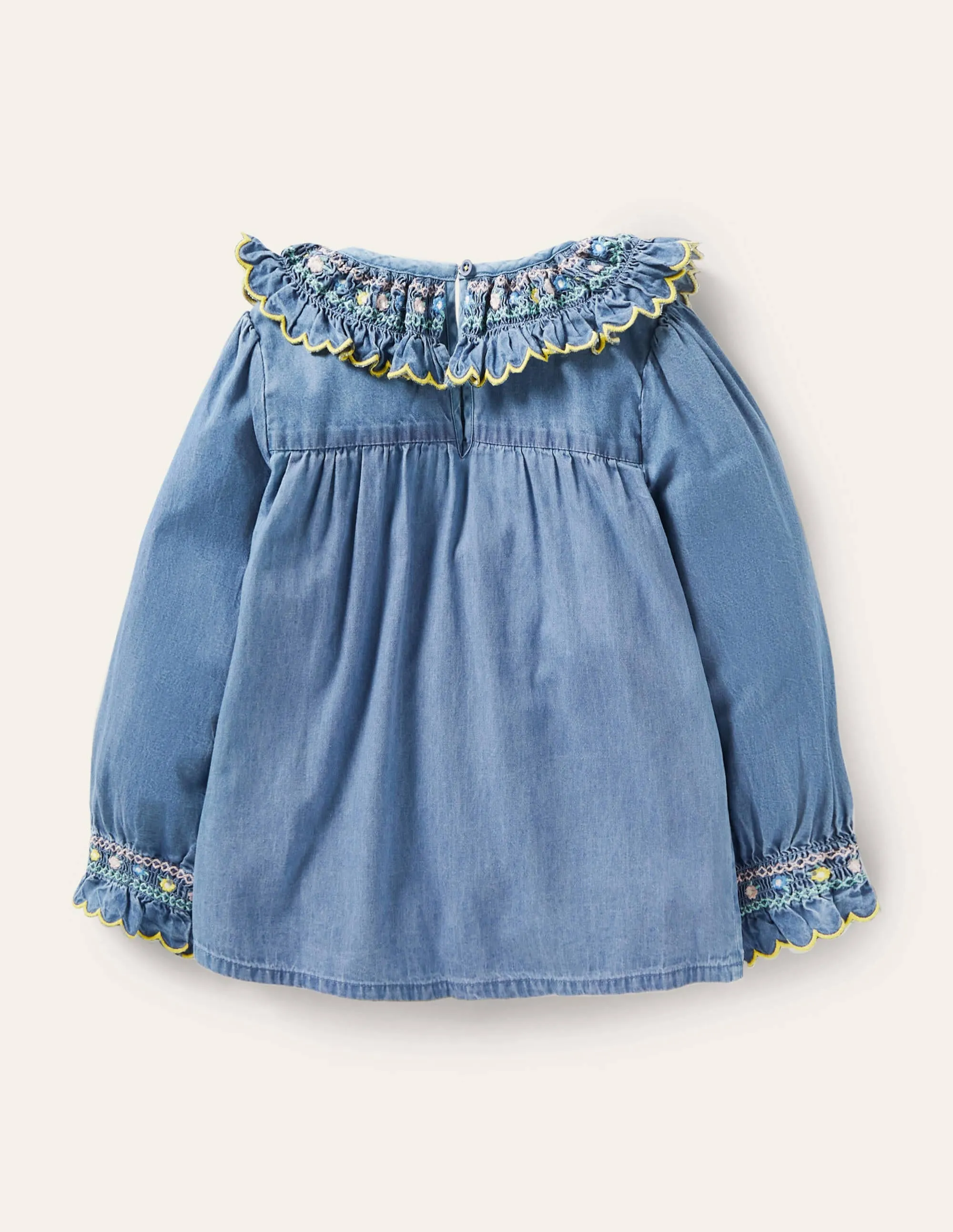 Smocked Collar Denim Top-Chambray