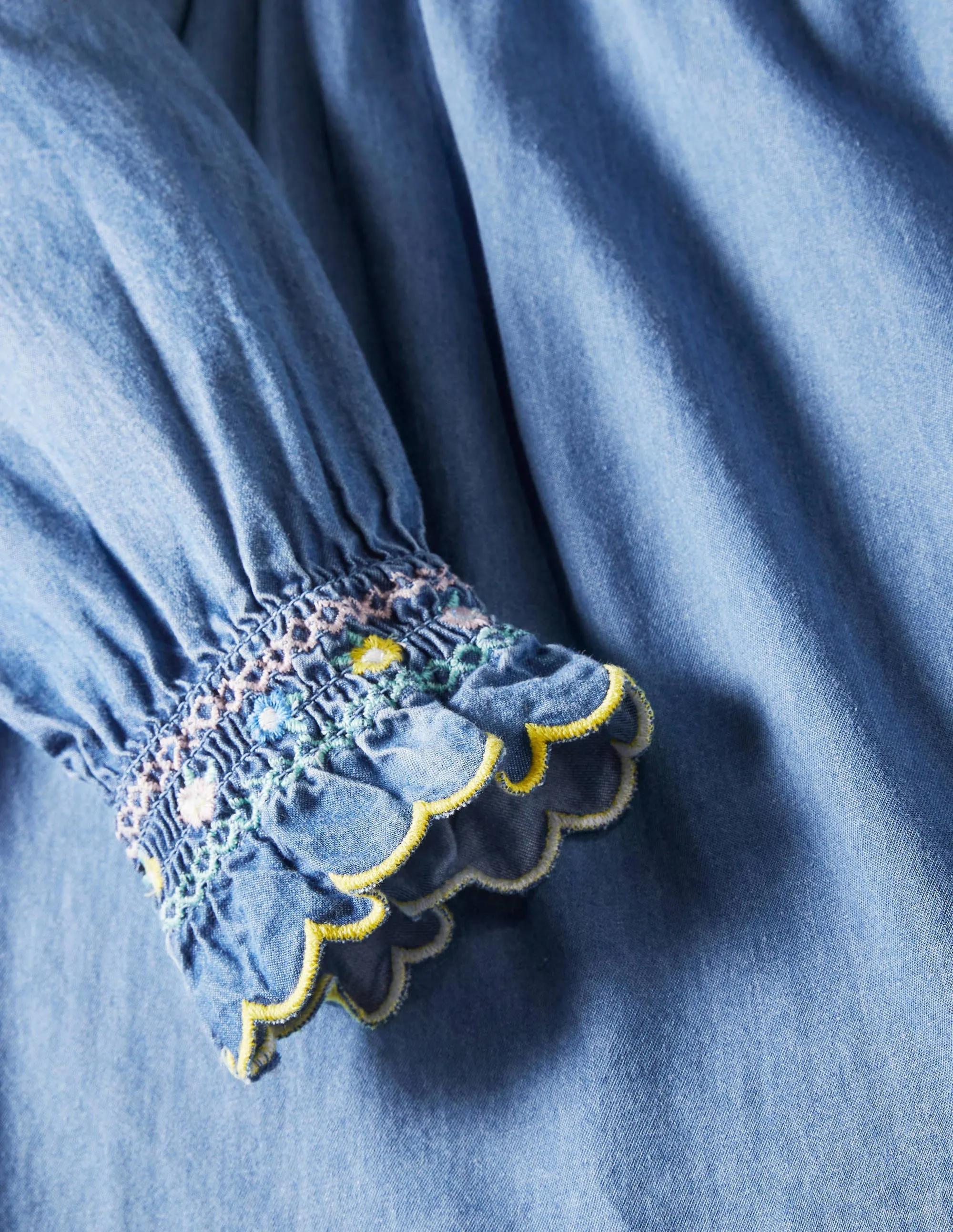Smocked Collar Denim Top-Chambray
