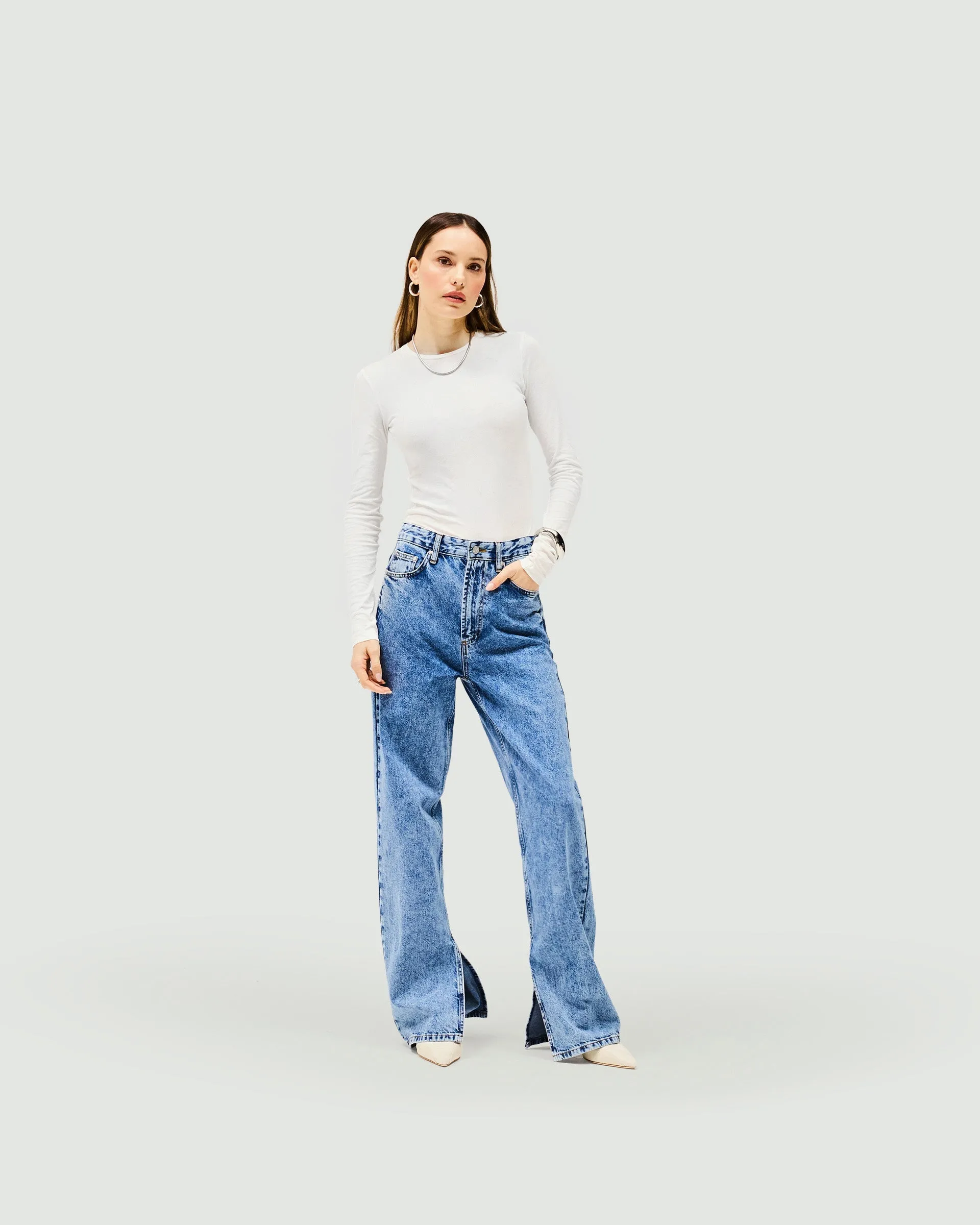 Split Hem Straight Jean - Washed Blue