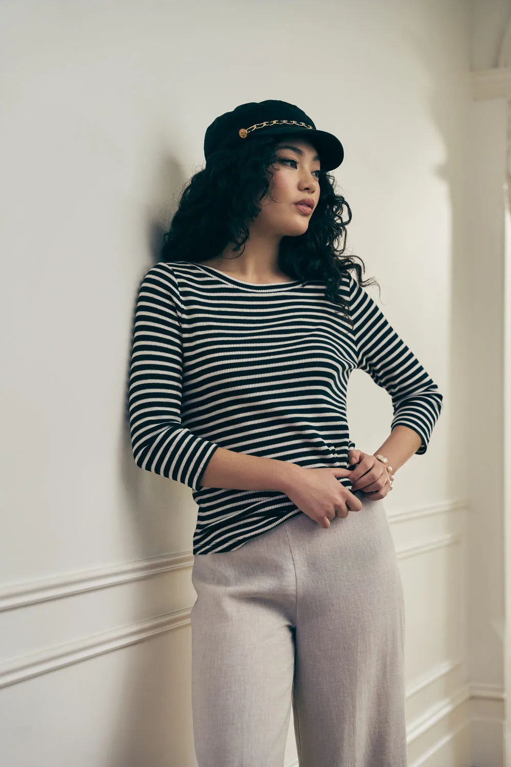 Stripe Boat Neck Tee - Ecru & Black Stripe