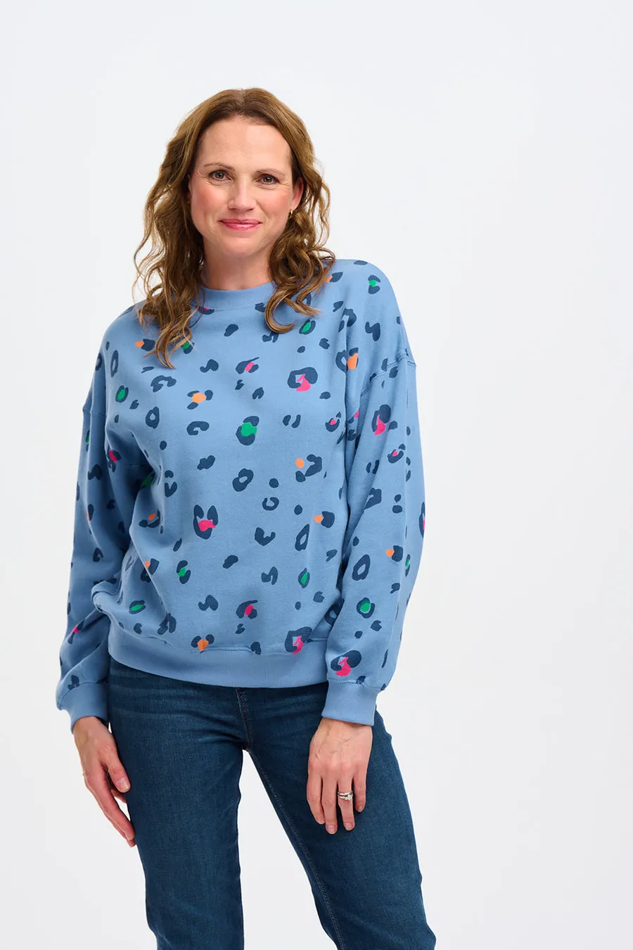 Sugarhill Eadie Relaxed Sweatshirt Colour Pop Leopard Blue
