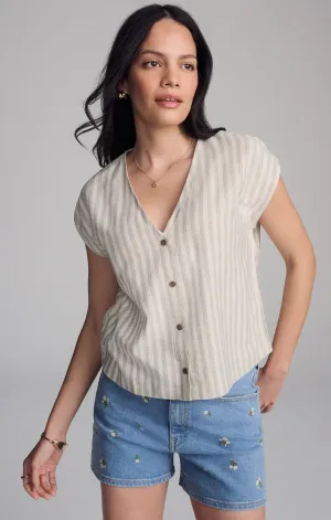 V-NECK SHORT SLEEVE BUTTON SHIRT IN BLACK STRIPE