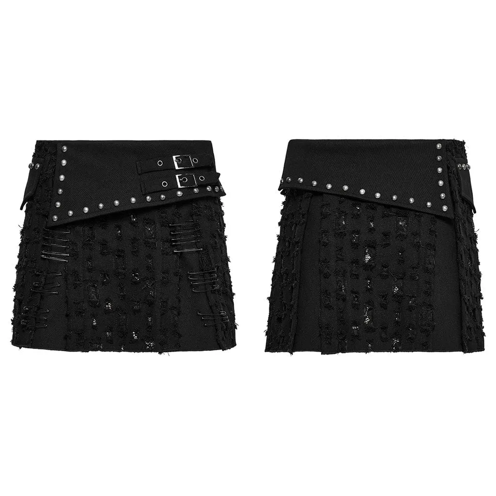 Women's Punk Studded Ripped Denim Skirt