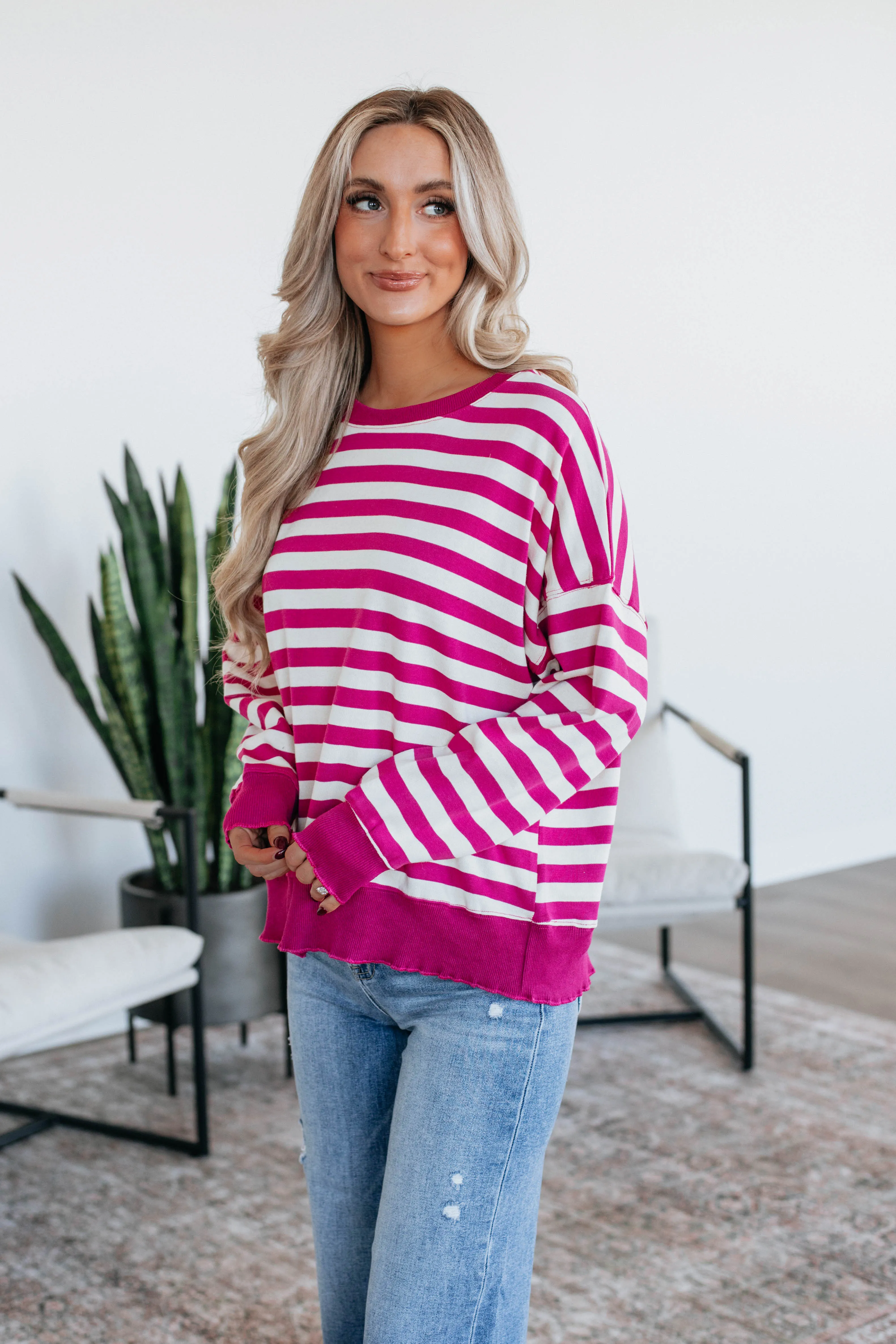 Xenia Striped Pullover - Magenta
